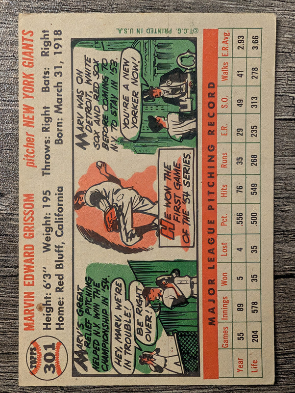 1956 Topps #301 Marv Grissom Low Grade