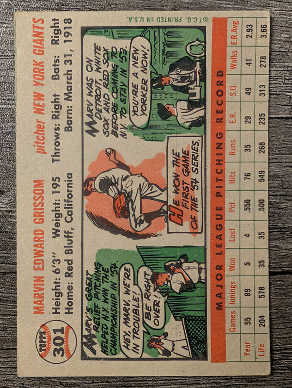 1956 Topps #301 Marv Grissom Low Grade