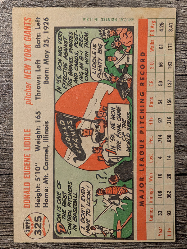 1956 Topps #325 Don Liddle Low Grade