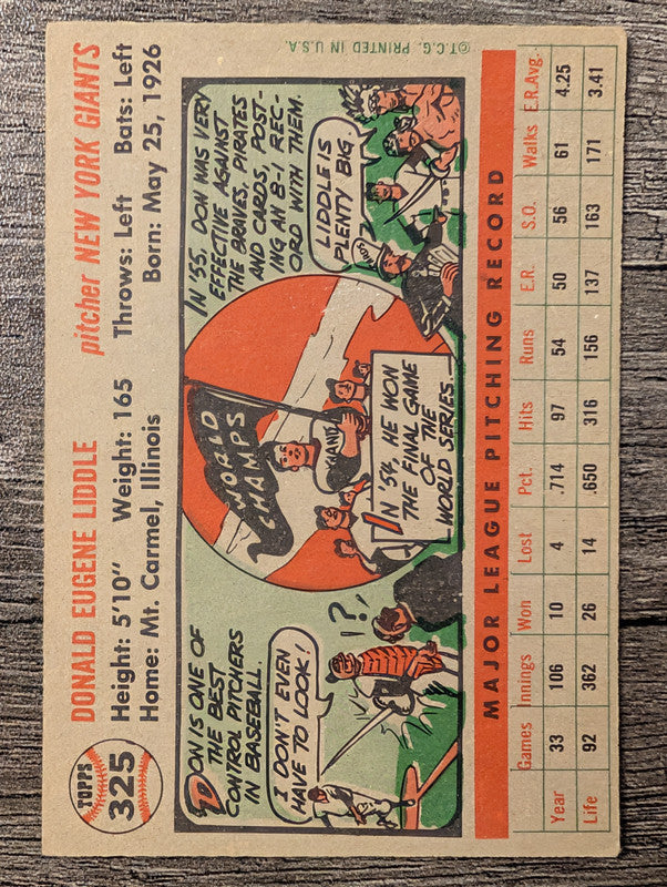 1956 Topps #325 Don Liddle Mid Grade