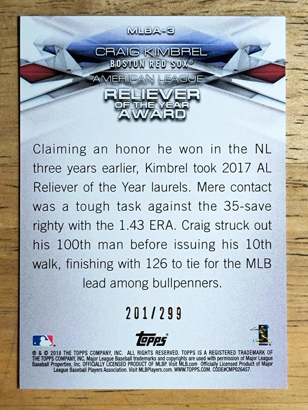 2018 Topps MLB Awards Black #MLBA3 Craig Kimbrel