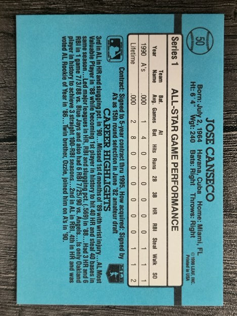 1991 Donruss #50A Jose Canseco AS ERR/Team in stat box is A's