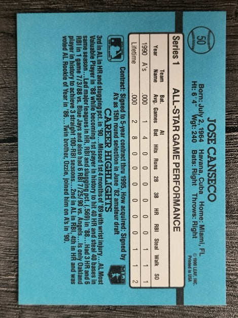 1991 Donruss #50A Jose Canseco AS ERR/Team in stat box is A's