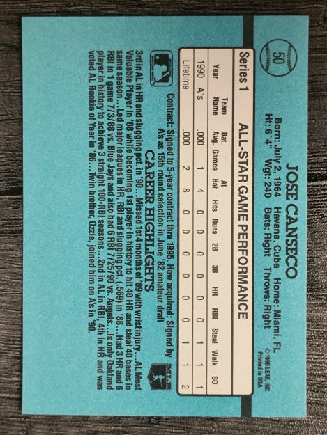 1991 Donruss #50A Jose Canseco AS ERR/Team in stat box is A's