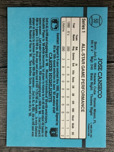 1991 Donruss #50A Jose Canseco AS ERR/Team in stat box is A's