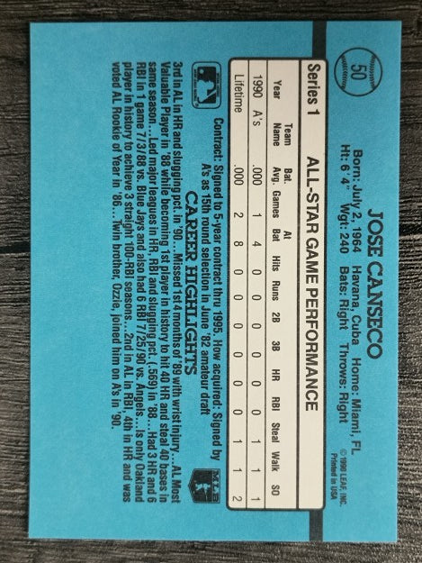1991 Donruss #50A Jose Canseco AS ERR/Team in stat box is A's
