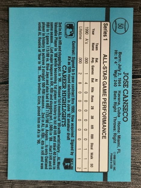 1991 Donruss #50A Jose Canseco AS ERR/Team in stat box is A's