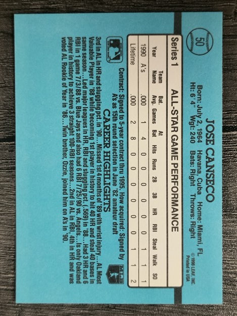 1991 Donruss #50A Jose Canseco AS ERR/Team in stat box is A's