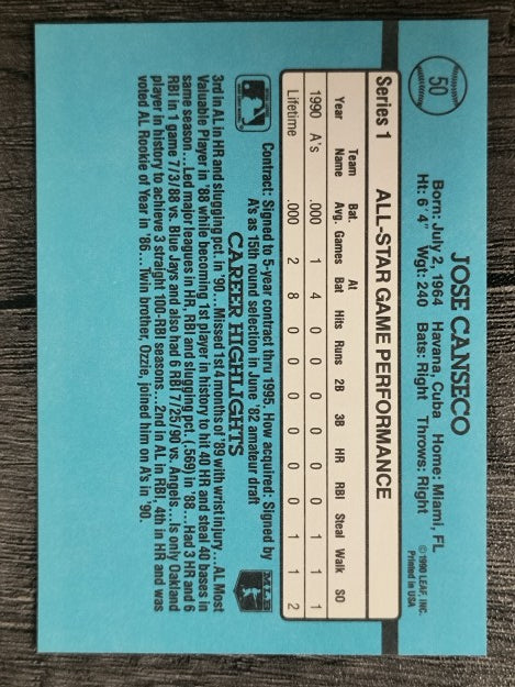 1991 Donruss #50A Jose Canseco AS ERR/Team in stat box is A's