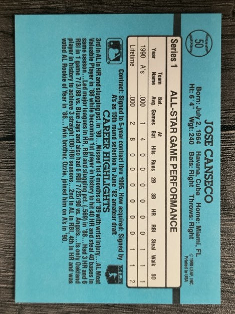 1991 Donruss #50A Jose Canseco AS ERR/Team in stat box is A's