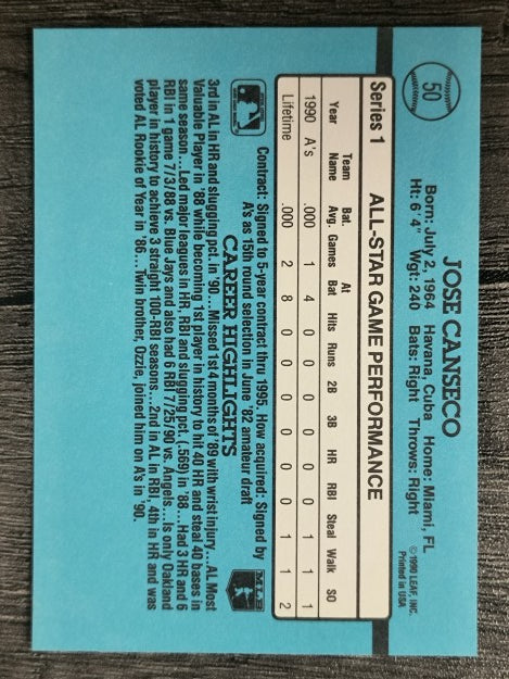 1991 Donruss #50A Jose Canseco AS ERR/Team in stat box is A's