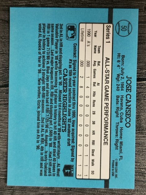 1991 Donruss #50A Jose Canseco AS ERR/Team in stat box is A's