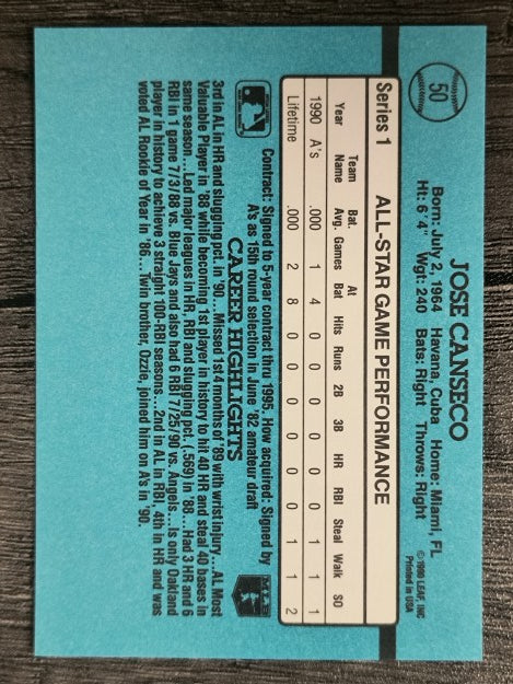 1991 Donruss #50A Jose Canseco AS ERR/Team in stat box is A's