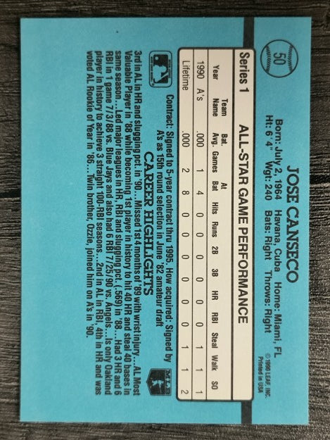 1991 Donruss #50A Jose Canseco AS ERR/Team in stat box is A's