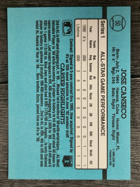 1991 Donruss #50A Jose Canseco AS ERR/Team in stat box is A's