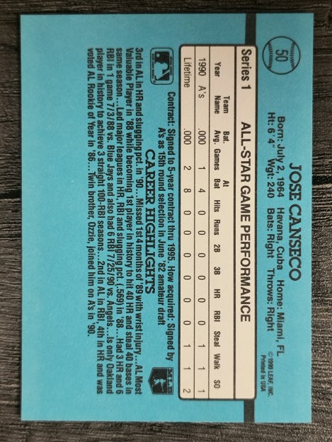 1991 Donruss #50A Jose Canseco AS ERR/Team in stat box is A's