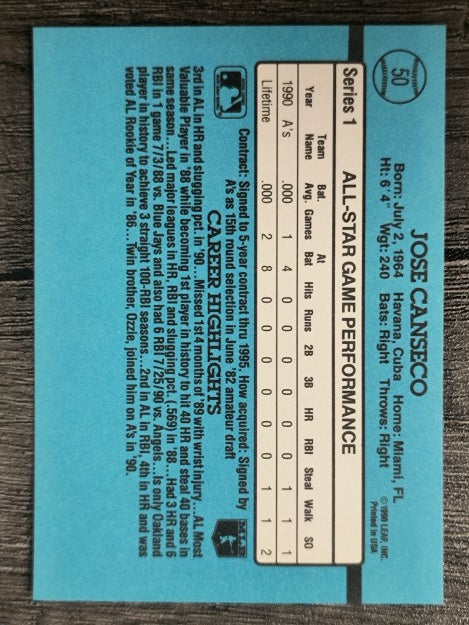 1991 Donruss #50A Jose Canseco AS ERR/Team in stat box is A's