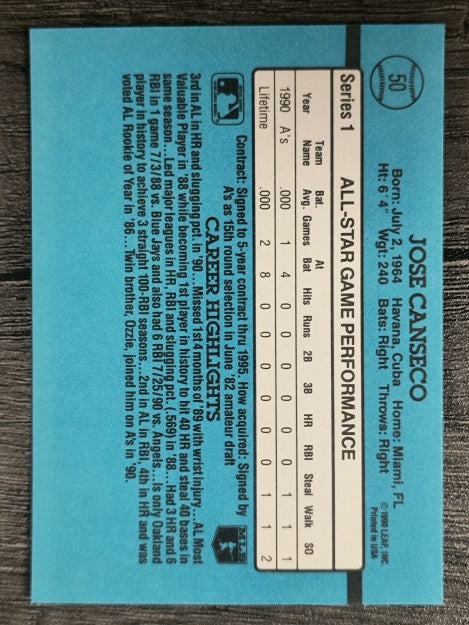 1991 Donruss #50A Jose Canseco AS ERR/Team in stat box is A's