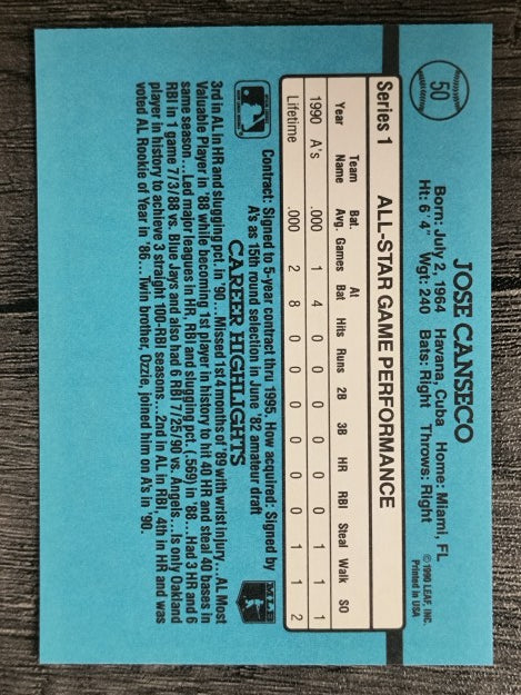 1991 Donruss #50A Jose Canseco AS ERR/Team in stat box is A's