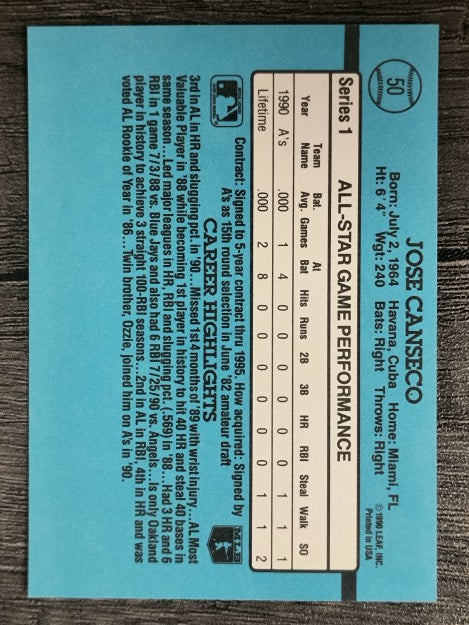 1991 Donruss #50A Jose Canseco AS ERR/Team in stat box is A's