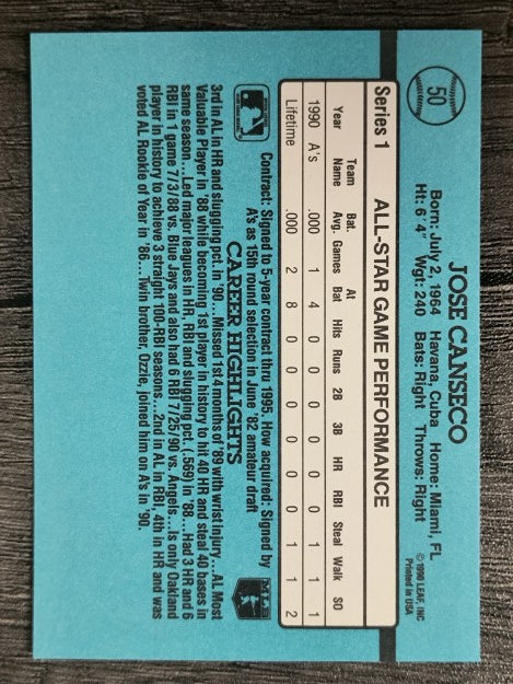 1991 Donruss #50A Jose Canseco AS ERR/Team in stat box is A's