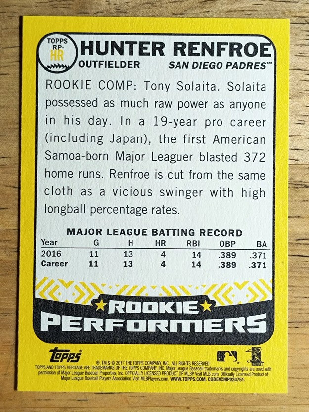 2017 Topps Heritage Rookie Performers #RPHR Hunter Renfroe