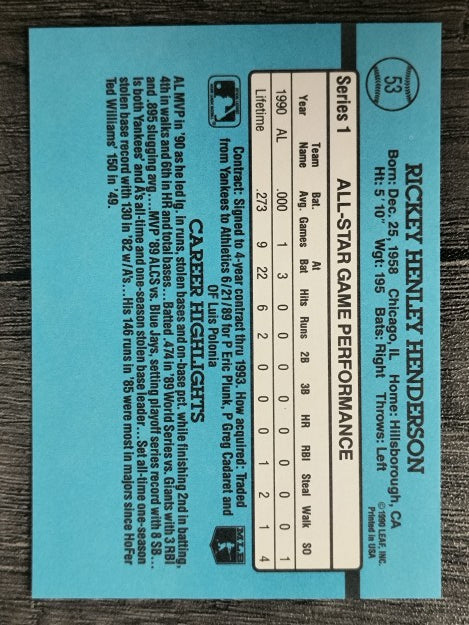 1991 Donruss #53 Rickey Henderson AS