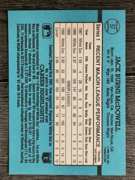 1991 Donruss #57A Jack McDowell ERR/Career stats do not include 1990