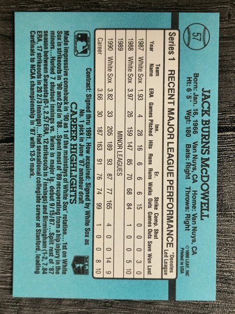 1991 Donruss #57A Jack McDowell ERR/Career stats do not include 1990