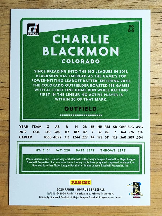 2020 Donruss Yellow #66 Charlie Blackmon