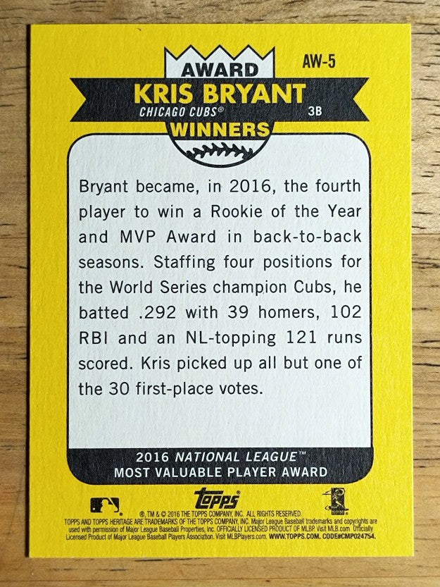 2017 Topps Heritage Award Winners #AW5 Kris Bryant