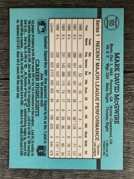 1991 Donruss #105 Mark McGwire