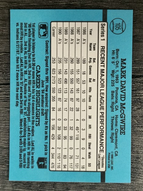 1991 Donruss #105 Mark McGwire