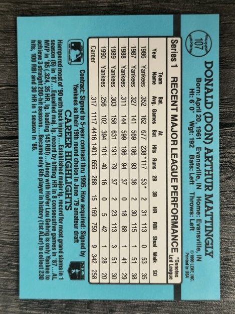1991 Donruss #107 Don Mattingly