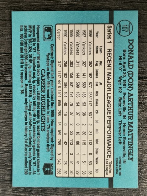 1991 Donruss #107 Don Mattingly