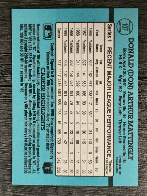 1991 Donruss #107 Don Mattingly