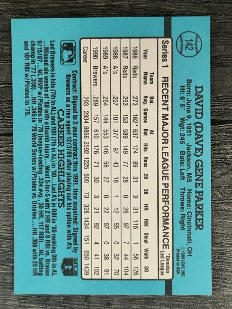 1991 Donruss #142 Dave Parker