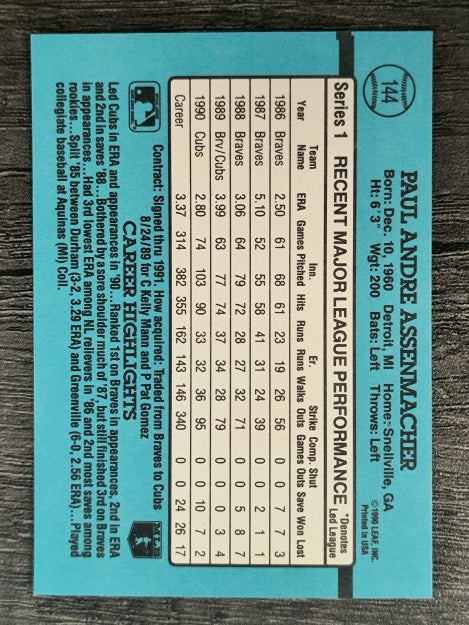 1991 Donruss #144 Paul Assenmacher
