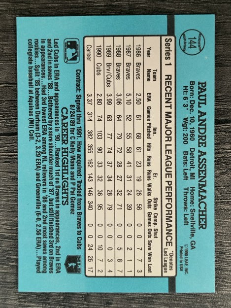 1991 Donruss #144 Paul Assenmacher