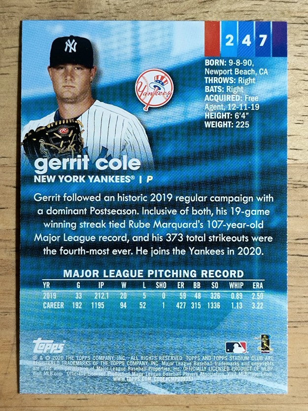 2020 Stadium Club #247 Gerrit Cole