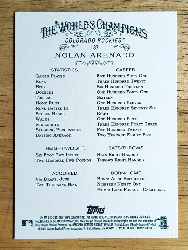 2017 Topps Allen and Ginter #137 Nolan Arenado