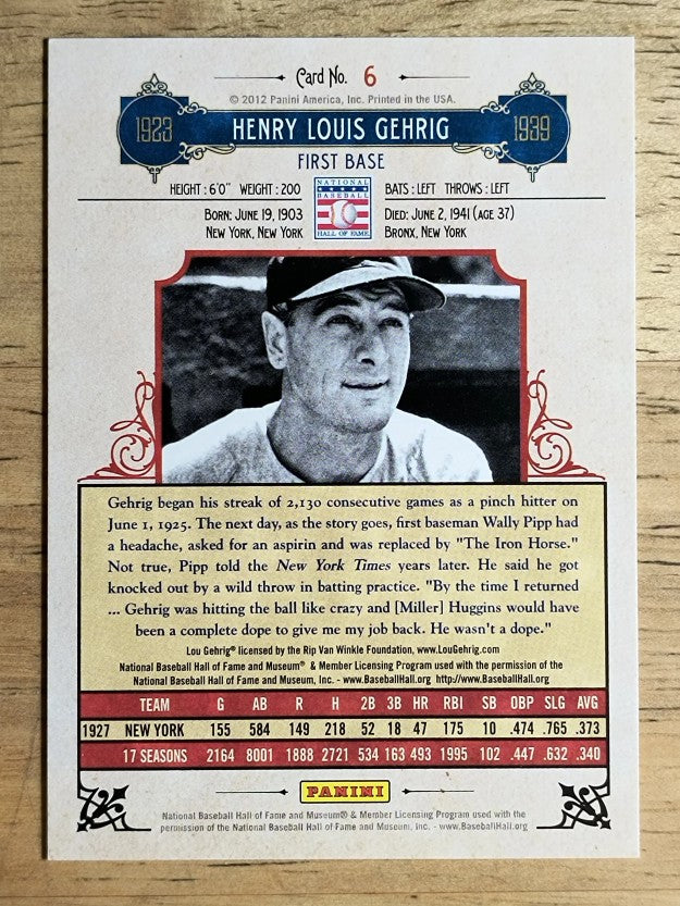 2012 Panini Cooperstown #6 Lou Gehrig