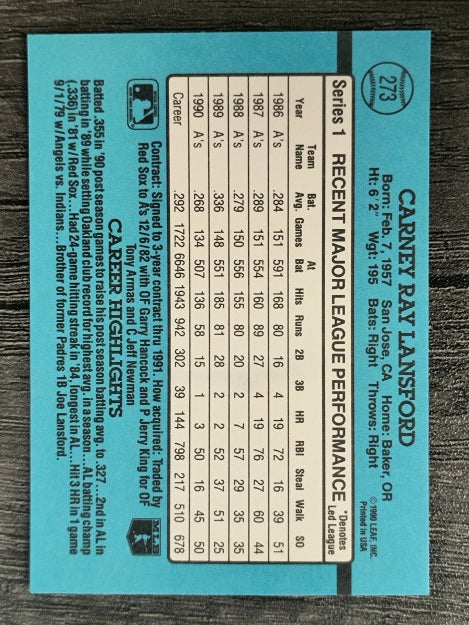 1991 Donruss #273 Carney Lansford