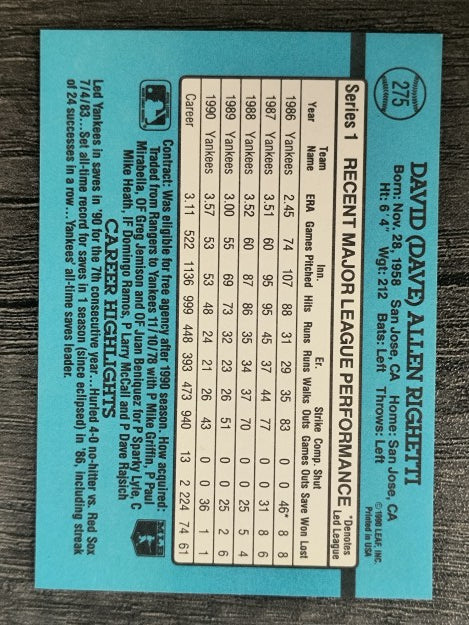 1991 Donruss #275 Dave Righetti