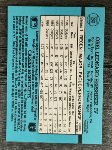 1991 Donruss #280 Orel Hershiser