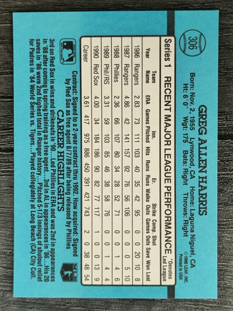 1991 Donruss #306 Greg A. Harris