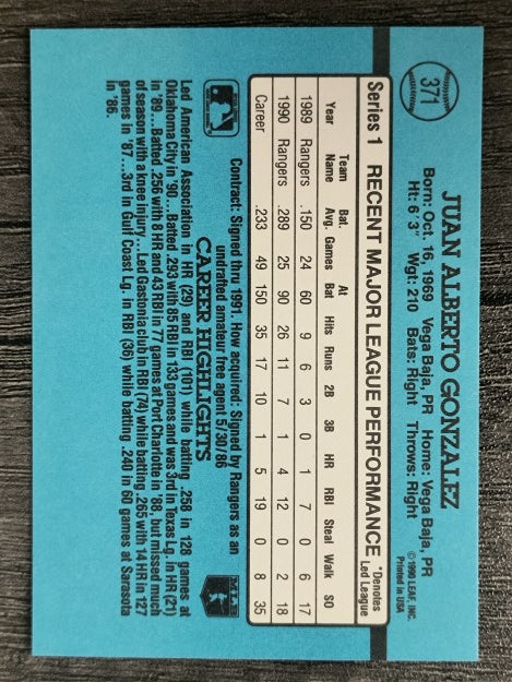 1991 Donruss #371 Juan Gonzalez