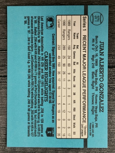 1991 Donruss #371 Juan Gonzalez