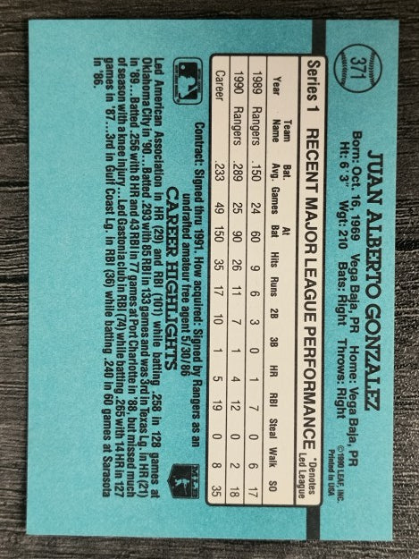 1991 Donruss #371 Juan Gonzalez