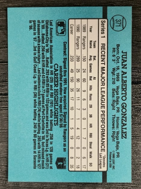 1991 Donruss #371 Juan Gonzalez